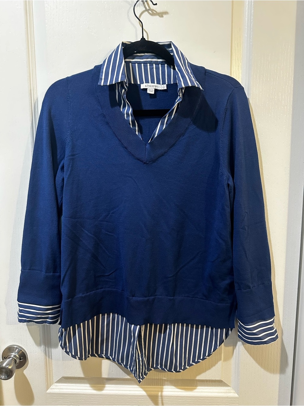 Chico's Navy Blue Layered V-Neck Sweater Top with Striped Shirt Detail
